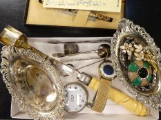 Tray of collectables, including pair plated bon bon dishes, costume jewellery, pocket watch, tongs,