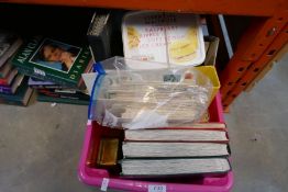 Box of books, a quantity of autobiographies and a box of stamp albums, first day covers etc
