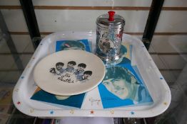 A rare Beatles tea caddy and tray from U.S.A., 1960s and a Beatles plate