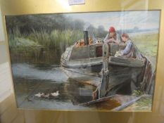 Birket Foster, a watercolour of Norfolk Wherry with 2 figures, monogrammed 37.5 x 25cm