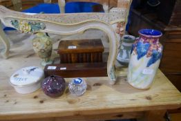 A Royal Doulton vase, an olive wood puzzle box, a large Goss butter dish and sundry