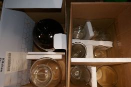Vintage chemist's glassware and pictures, 4 boxes