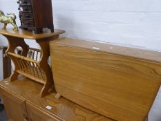 An Ercol small two flap coffee table, an Ercol hanging plate rack and a magazine rack table