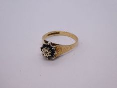 9ct yellow gold sapphire and diamond cluster ring, marked 375, size K, approx 2.5g