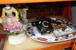 A large china platter and two china figures in Capodimonte style and a rotary telephone