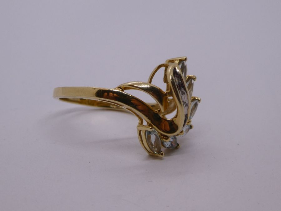 Fancy 9ct yellow gold aquamarine and diamond dress ring, size N, 2.7g approx, mark illegible - Image 3 of 7