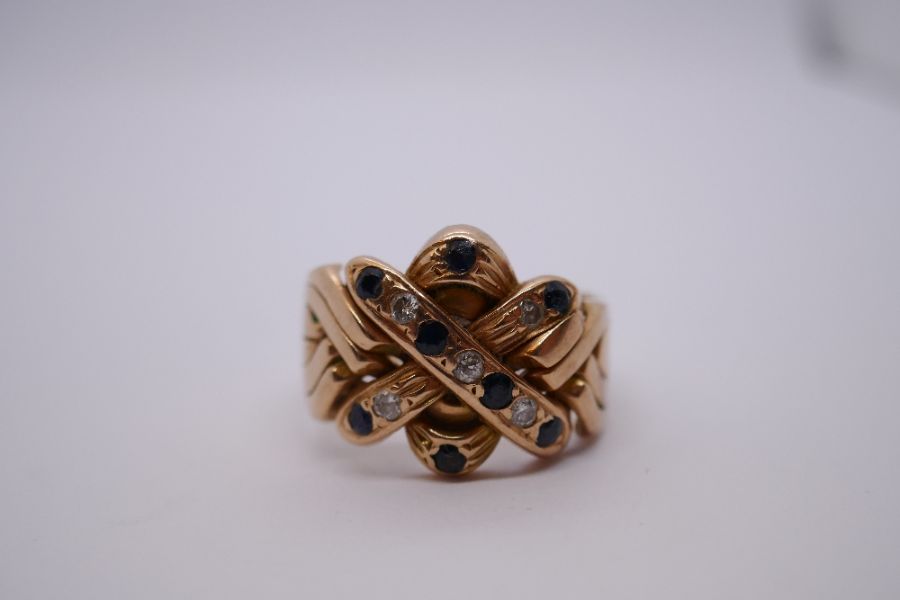 Yellow gold gents decorative ring, inset with sapphires and diamonds on an overlapping cross, unmark - Image 5 of 16