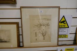 A pencil signed etching of mother and daughter by Joan Purcell and one other etching by Lola Spaffor