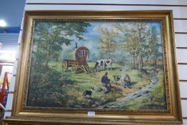 A pair of modern oils of Gypsy Caravans and figures in woodland settings, signed
