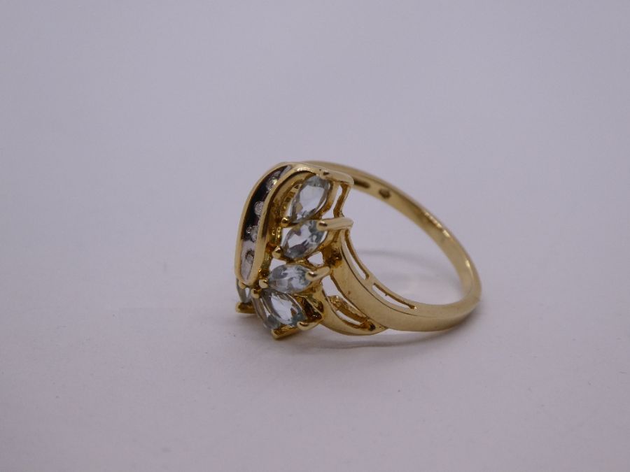 Fancy 9ct yellow gold aquamarine and diamond dress ring, size N, 2.7g approx, mark illegible - Image 7 of 7