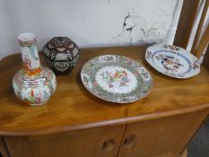 A Cloisonné enamel hexagonal pot and cover, two items of Chinese Canton china and one other plate