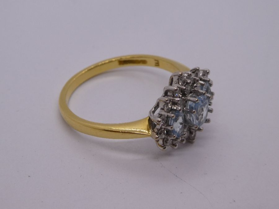 18ct yellow gold aquamarine and diamond cluster ring, marked 750, Birmingham, maker CJ, size Q, larg - Image 2 of 3