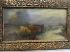 A pair of late 19th Century oils of cattle beside water by W F Hardy, each 43 x 22cm