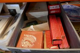 Box of vintage train bits, to include two locomotives