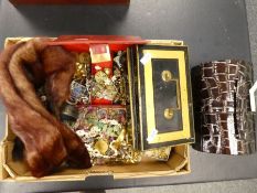 Tray of vintage costume jewellery, fur stole, money tin, etc