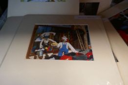 Selection of mounted pictures including Disney, Wallace and Gromit and vintage advertising