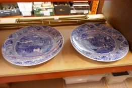 Two large blue and white platters by Moore and Co