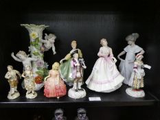 Three Doulton figures, a pair of German porcelain figures and sundry
