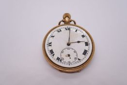 Antique 9ct yellow gold pocket watch, AF, no glass with white enamel dial, roman numerals, case and