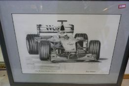 Six various pictures including limited edition print of McLaren Formula 1 car, drivin by Mika Hakkin