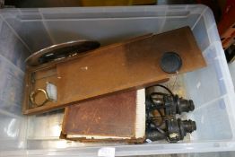 A box of mixed collectables, including binoculars stamped 7 x 50 B.E.H. and a Bible, etc