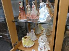 Six Royal Doulton figures of ladies and three other Coalport examples, wine/port glass