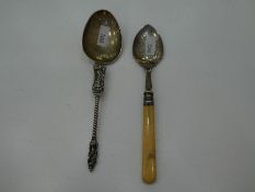 A Dutch silver large Apostle spoon, with hallmarks possibly C 1900. Also with a plated, engraved spo