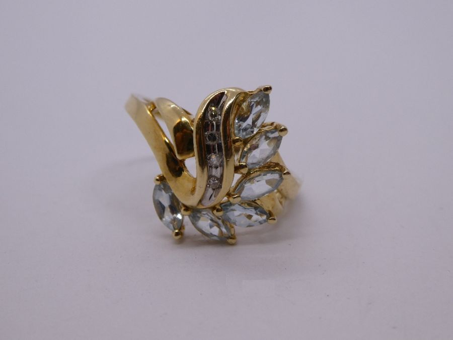 Fancy 9ct yellow gold aquamarine and diamond dress ring, size N, 2.7g approx, mark illegible - Image 2 of 7