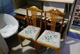 A pair of mahogany chairs, a reproduction 4 drawer chest and 2 tables