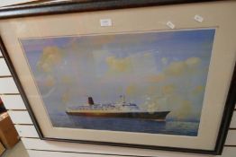 A coloured print of QE2 Cruise Liner