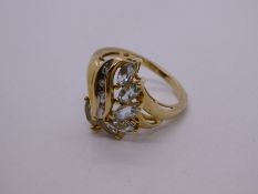 Fancy 9ct yellow gold aquamarine and diamond dress ring, size N, 2.7g approx, mark illegible