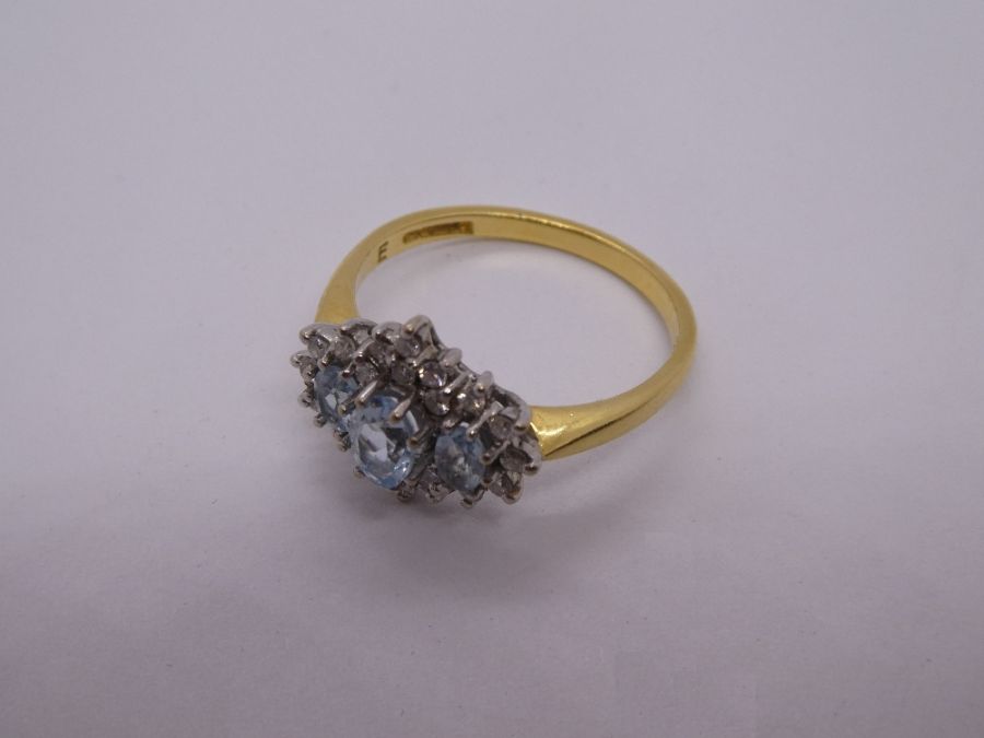 18ct yellow gold aquamarine and diamond cluster ring, marked 750, Birmingham, maker CJ, size Q, larg