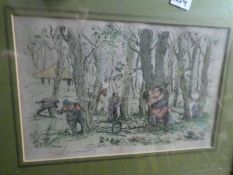 A pair of French comical pencil signed prints and 2 other pictures
