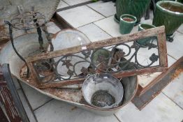 A galvanised tin bath and sundry, including galvanised bucket, wrought iron plant stand, etc