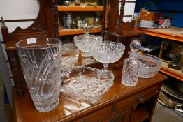 Three glass decanters and other glassware