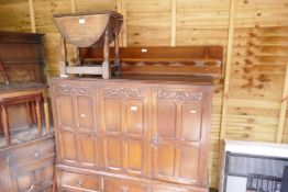 A Jacobean style reproduction cupboard and sundry furniture