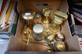A selection of mostly brass weights, trench art, etc
