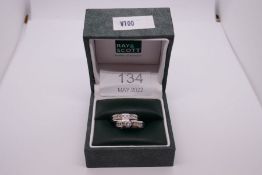 14K White gold wedding set comprising a diamond engagement ring with central diamond 0.10 carat appr