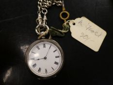 Silver pocket watch, hallmarked maker JT, case marked 74576, with white enamel dial and Roman numera