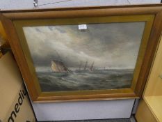 Follower of James Meadows, a marine oil painting of boats in stormy seas, 59cm x 44cm, unsigned