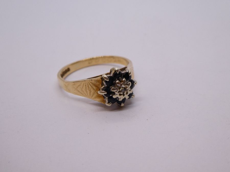 9ct yellow gold sapphire and diamond cluster ring, marked 375, size K, approx 2.5g - Image 4 of 4