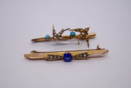 Yellow metal bar brooch with blue stone and seed pearls and a Victorian pin with swallows, inset see