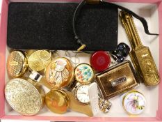 Tray of ceramic pill boxes including two Moorcroft examples, watches, necklace, pens, etc