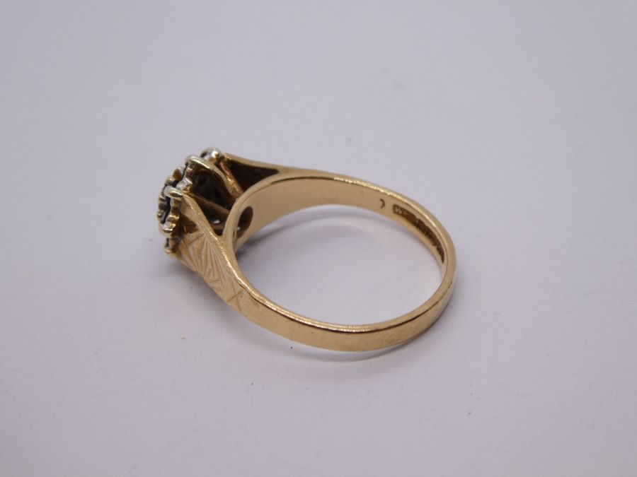 9ct yellow gold sapphire and diamond cluster ring, marked 375, size K, approx 2.5g - Image 2 of 4