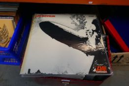 A box of vinyl LPs including Led Zeppelin, etc