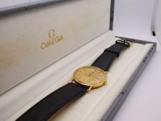 Gents 18ct yellow gold Omega wristwatch on black leather strap, with an Omega box and Outer "Signifi