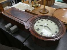 An antique mahogany and checker inlaid Tavern wall clock, weight driven with circular dial by J Bell