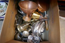 A box of mostly worn silver plate items and a box of china