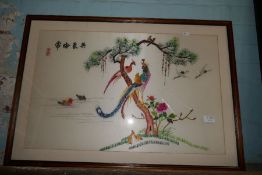 An Oriental embroidered picture of birds in tree and a print of Ocean Liner