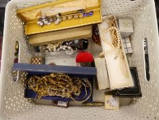 Tray of mixed costume jewellery to include Danish enamelled silver bracelet, simulated pearl necklac